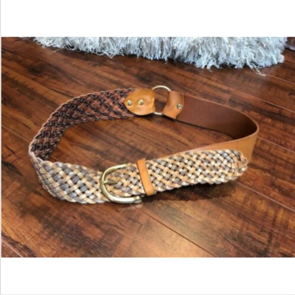 Vintage BOHO BRAIDED Tan Leather Brass Belt M